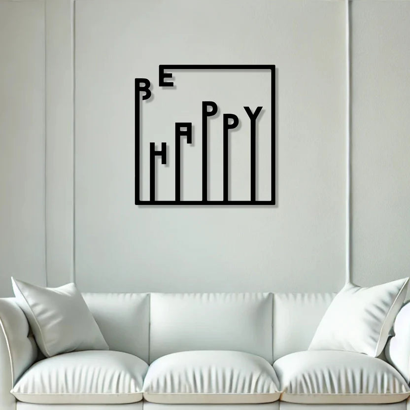 Be Happy Text Design Square Metal Wall Art 