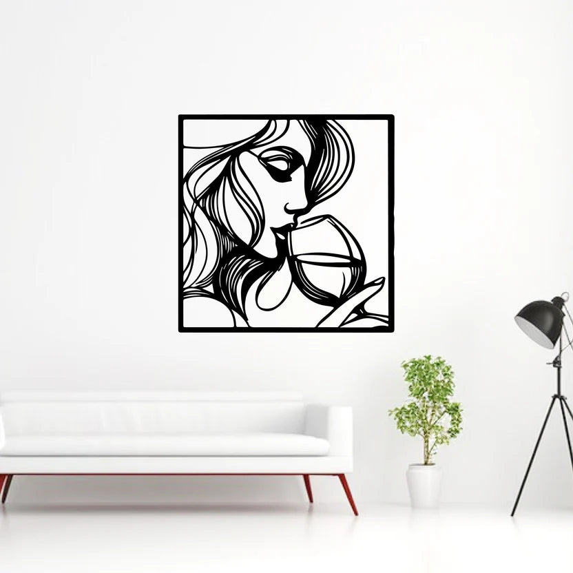 Woman with Wine Line Art Metal Wall Art 