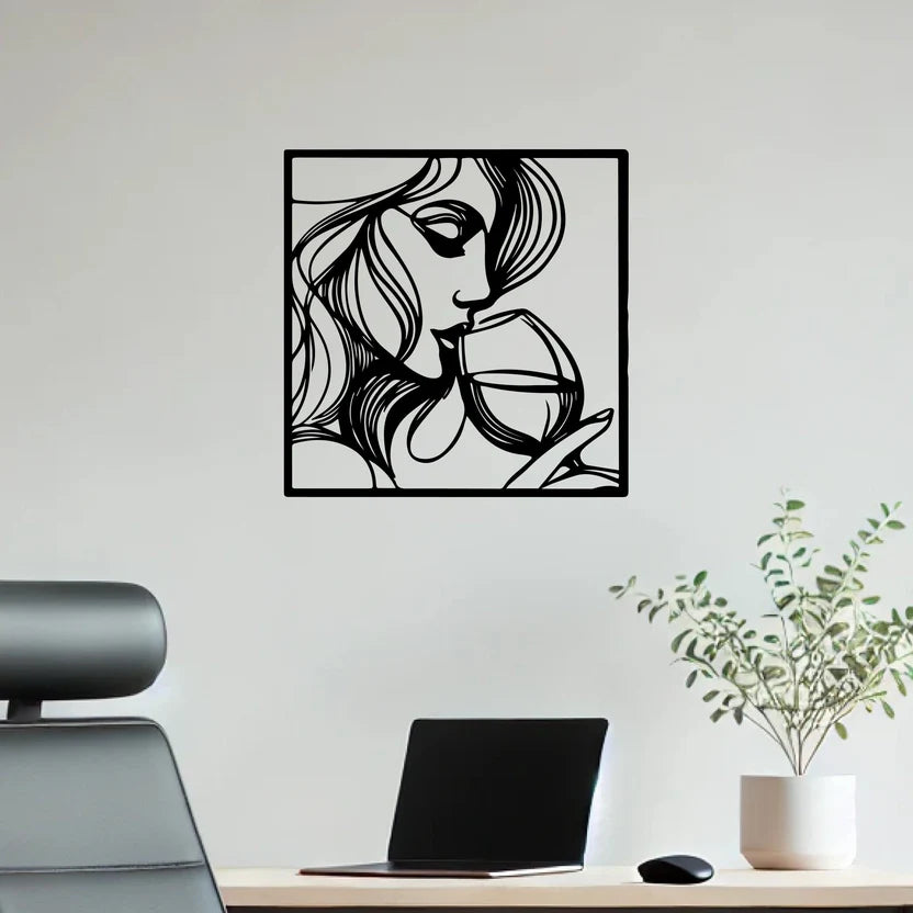Woman with Wine Line Art Metal Wall Art 