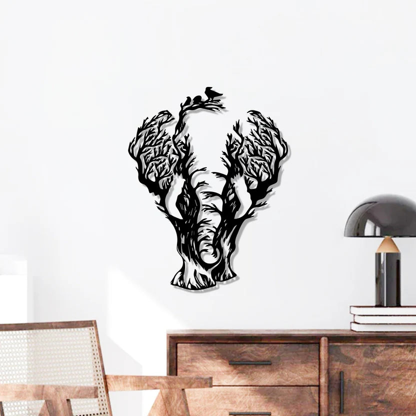 Tree Branch Elephant Metal Wall Art Decor – Modern Nature Animal Wall Hanging - Harshita Craft