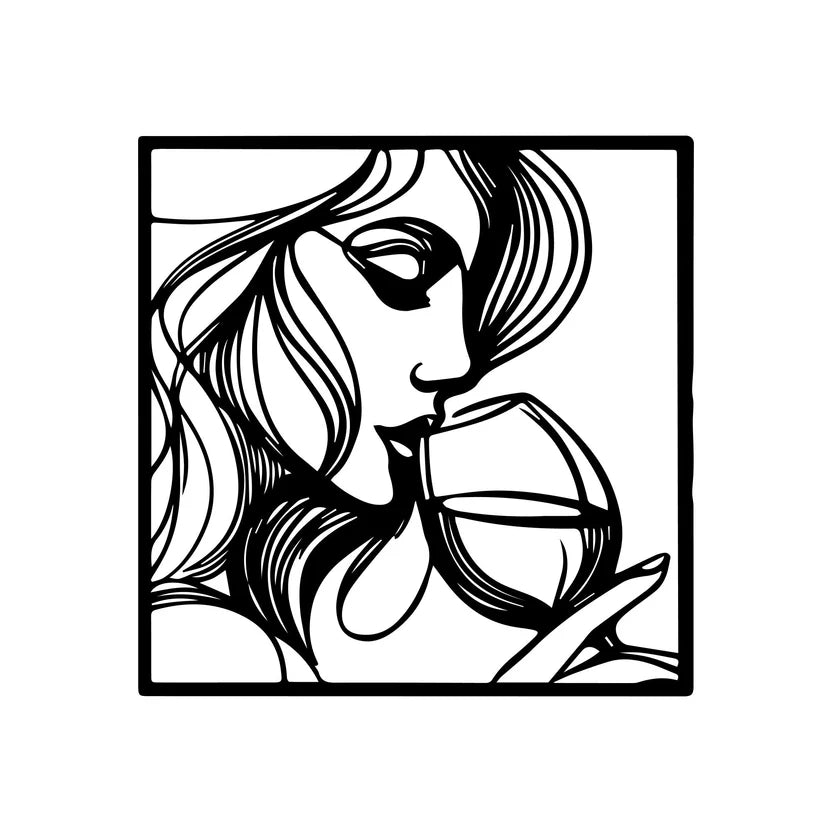 Woman with Wine Line Art Metal Wall Art 