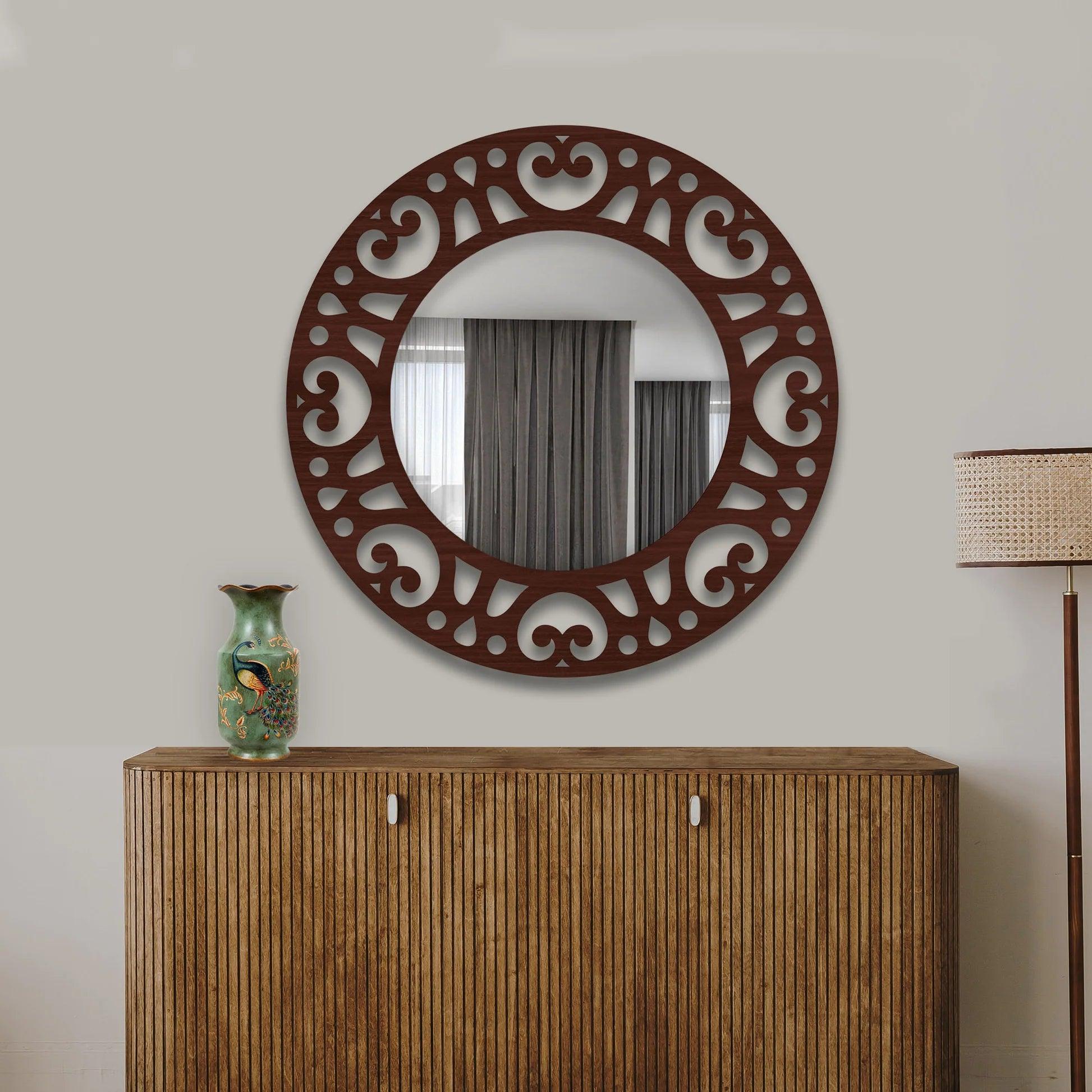 Heart Design Frame Round Shape Wooden Wall Mirror - Decor Mantra 