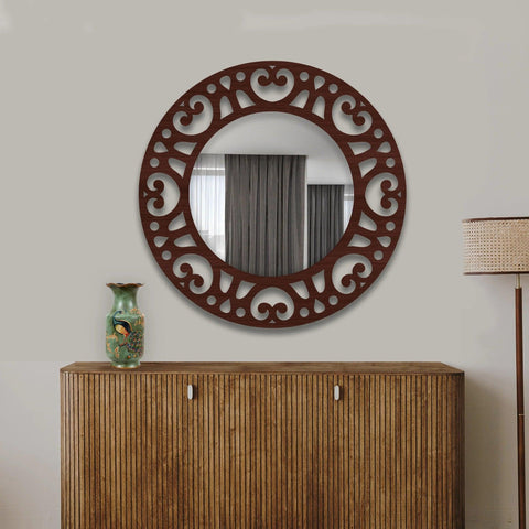 Heart Design Frame Round Shape Wooden Wall Mirror - Decor Mantra 