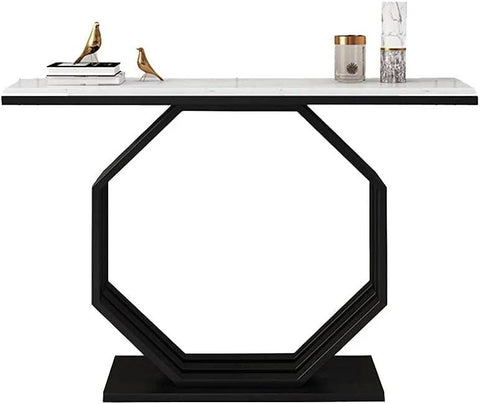 Heptagon Black Base Rectangular Shape White Marble Console Table - Decor Mantra 