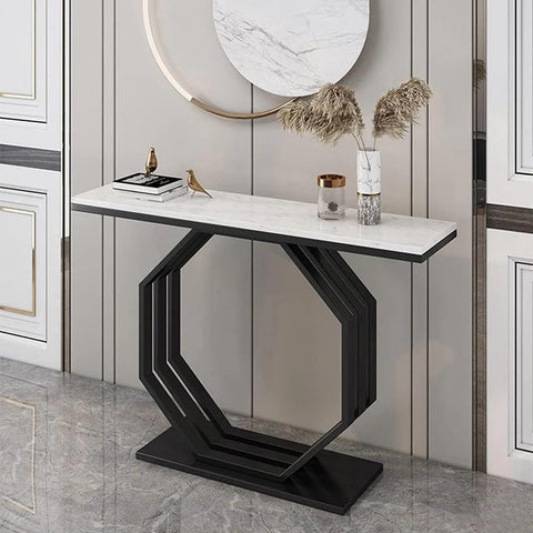 Heptagon Black Base Rectangular Shape White Marble Console Table - Decor Mantra 