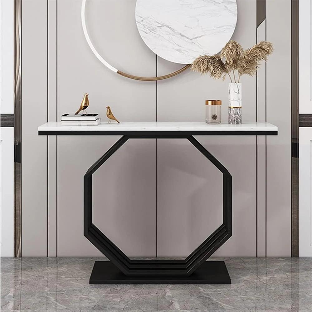 Heptagon Black Base Rectangular Shape White Marble Console Table - Decor Mantra 