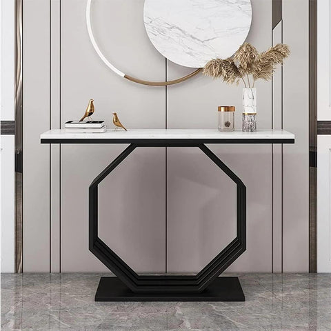 Heptagon Black Base Rectangular Shape White Marble Console Table - Decor Mantra 