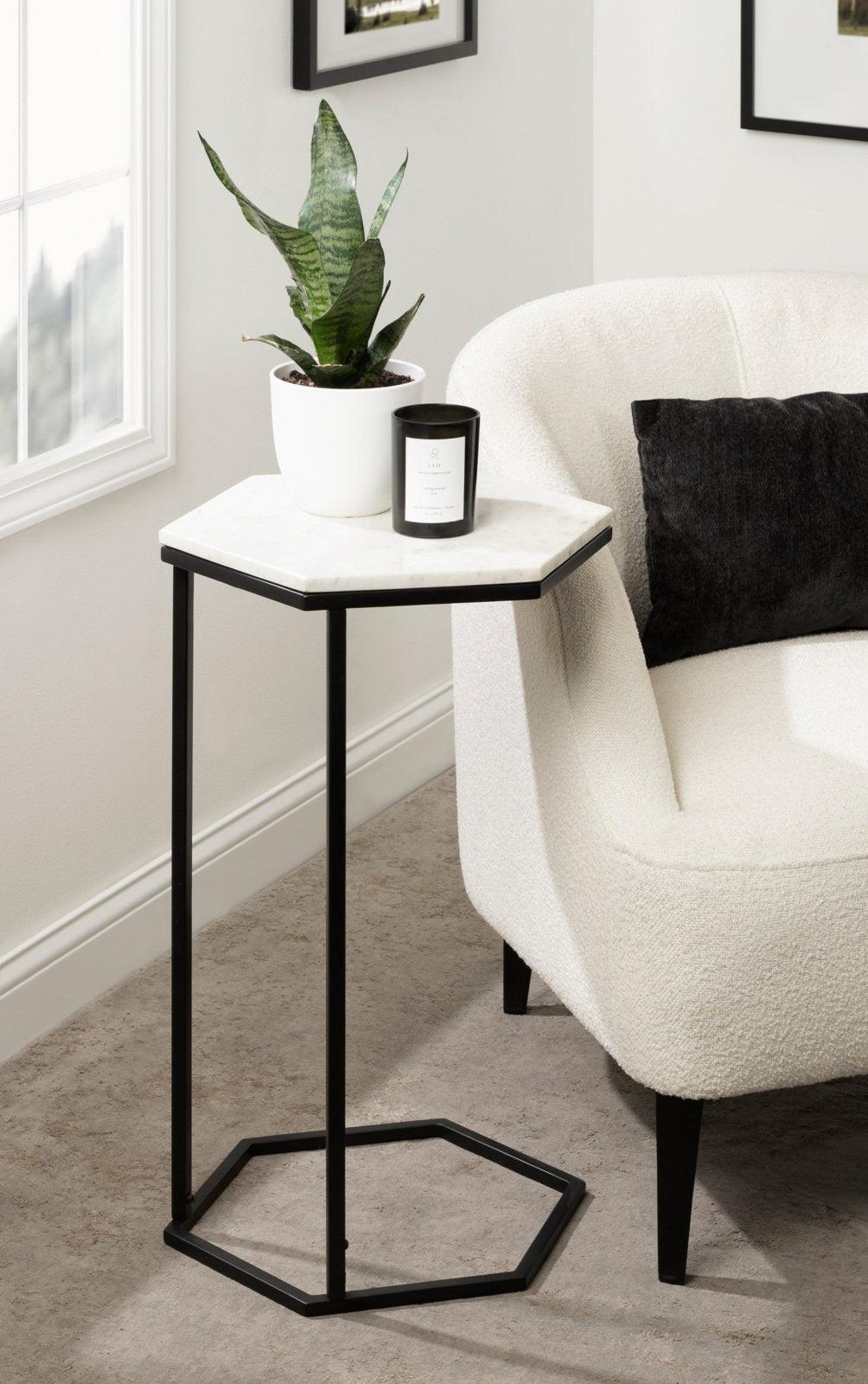 Hexagon Shape Marble Top Black Stand Side Table - Decor Mantra 