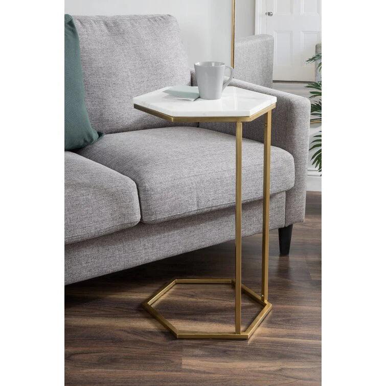 Hexagon Shape Marble Top Golden Stand Side Table - Decor Mantra 