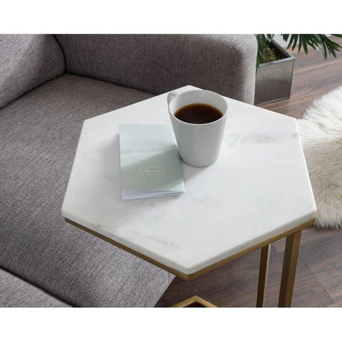 Hexagon Shape Marble Top Golden Stand Side Table - Decor Mantra 