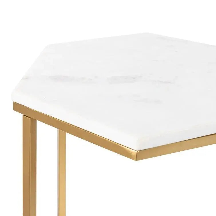 Hexagon Shape Marble Top Golden Stand Side Table - Decor Mantra 