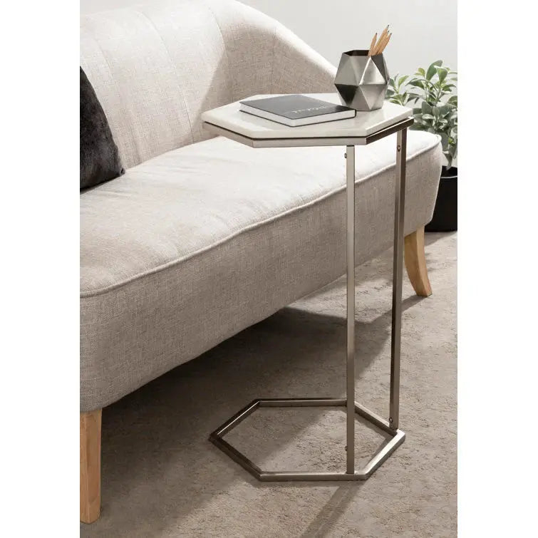 Hexagon Shape Marble Top Silver Stand Side Table Decor Mantra
