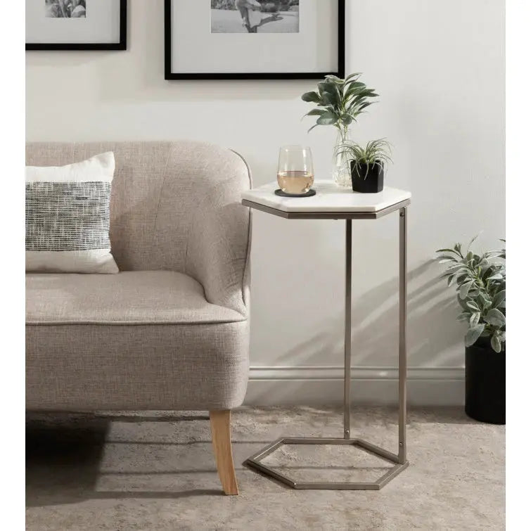 Hexagon Shape Marble Top Silver Stand Side Table Decor Mantra