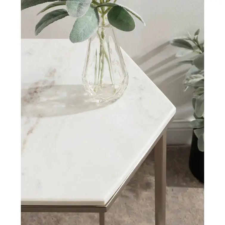 Hexagon Shape Marble Top Silver Stand Side Table Decor Mantra