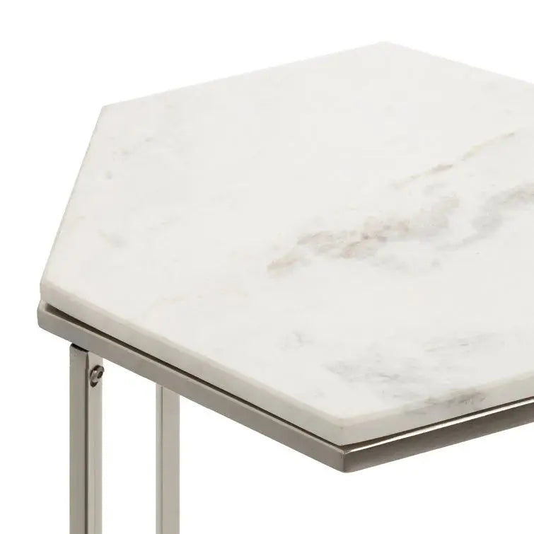 Hexagon Shape Marble Top Silver Stand Side Table Decor Mantra