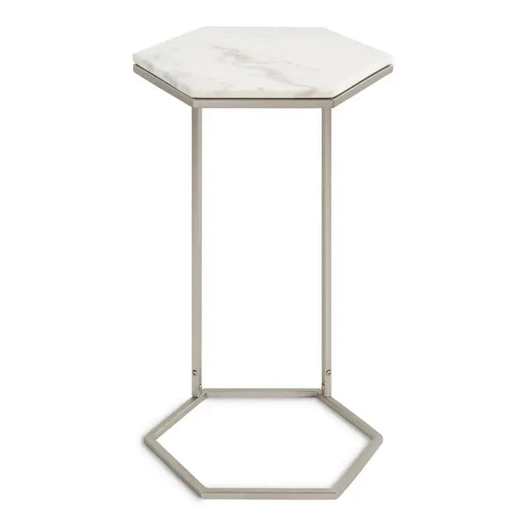 Hexagon Shape Marble Top Silver Stand Side Table Decor Mantra