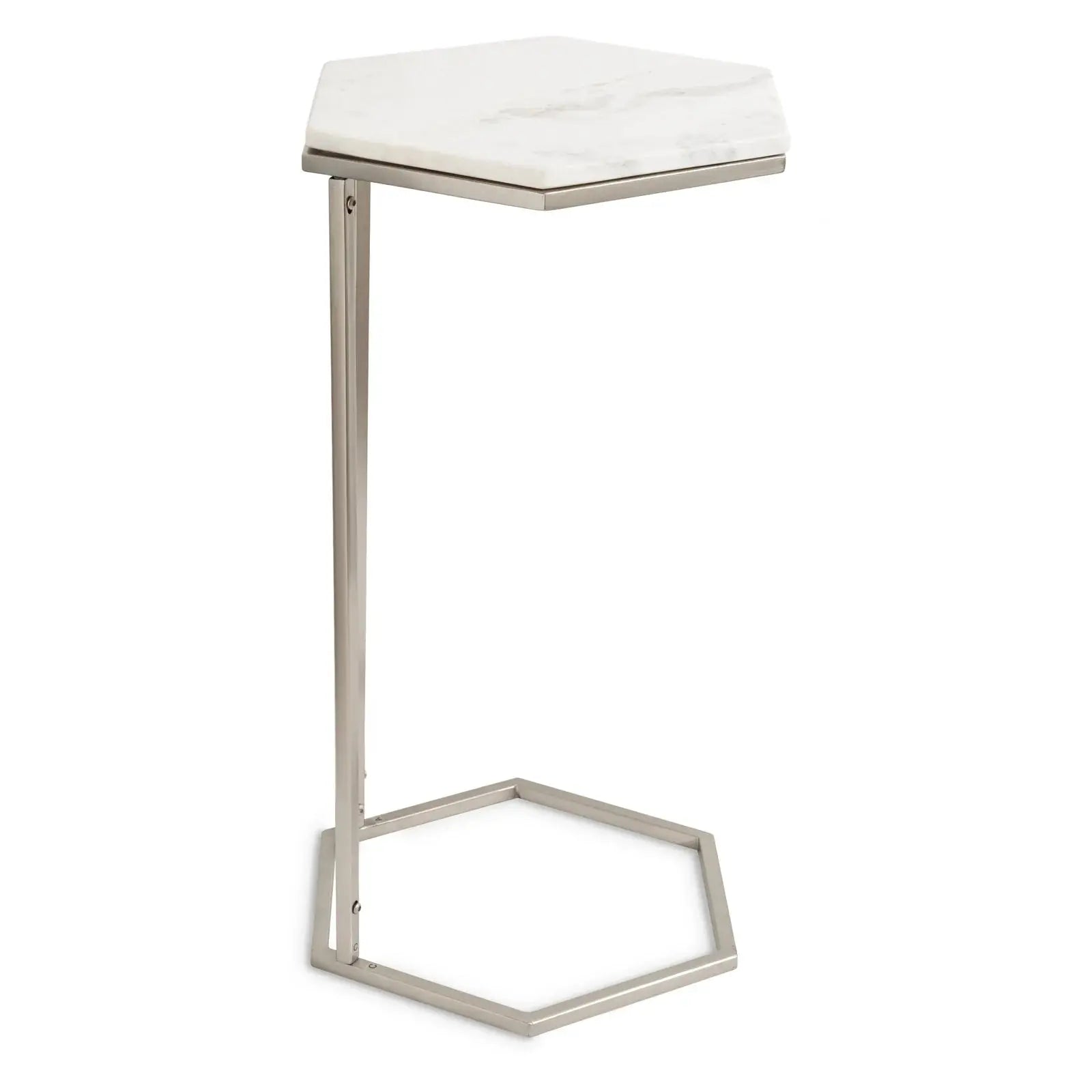 Hexagon Shape Marble Top Silver Stand Side Table Decor Mantra