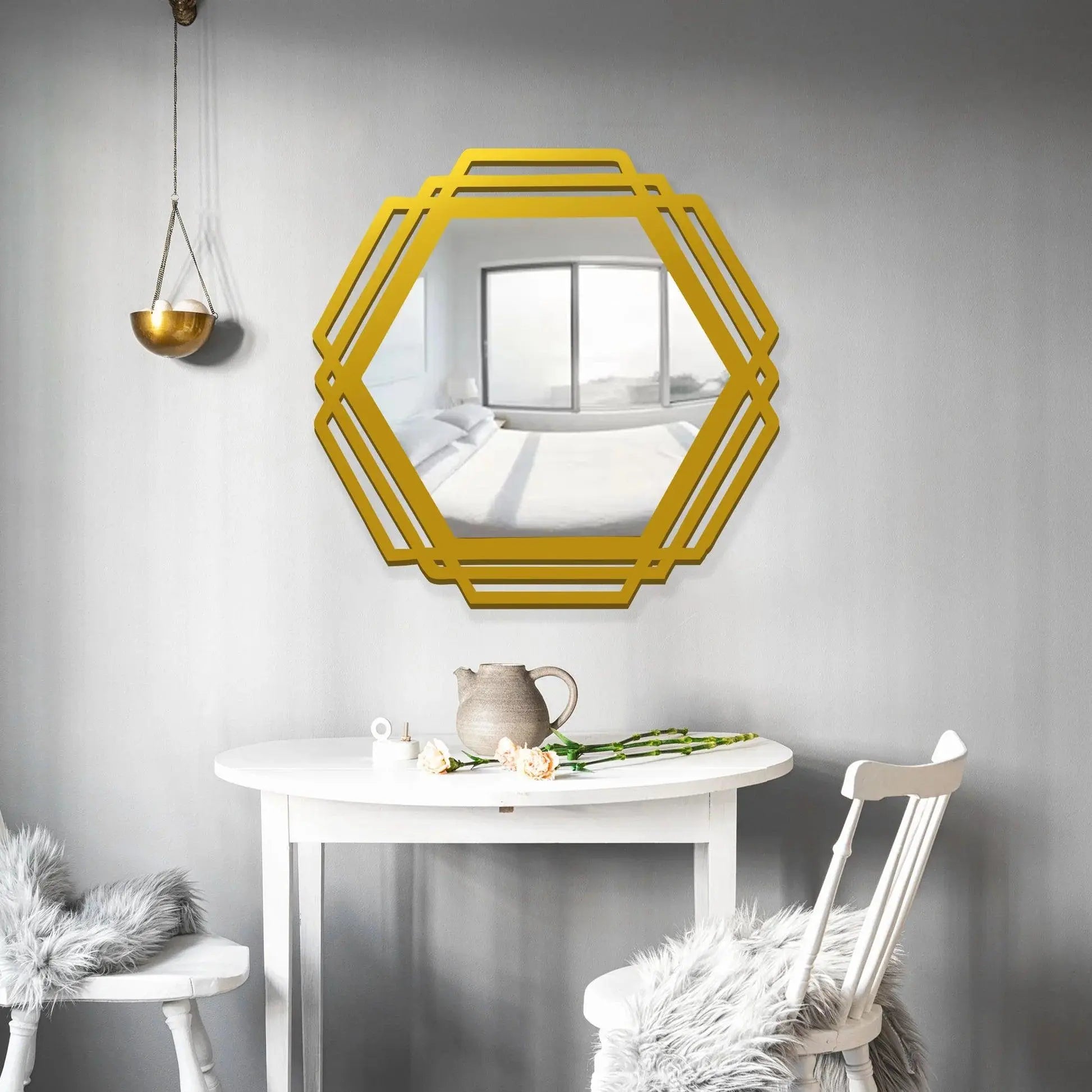 Hexagonal Shape Designer Decorative Wooden Wall Mirror With Gold Texture - Decor Mantra 