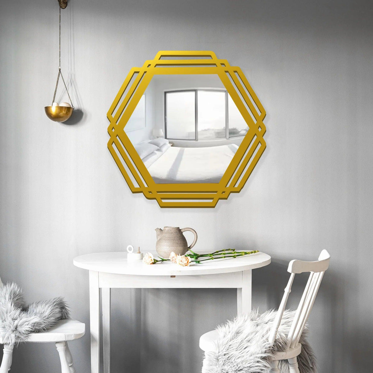 Hexagonal Shape Designer Decorative Wooden Wall Mirror With Gold Texture - Decor Mantra 