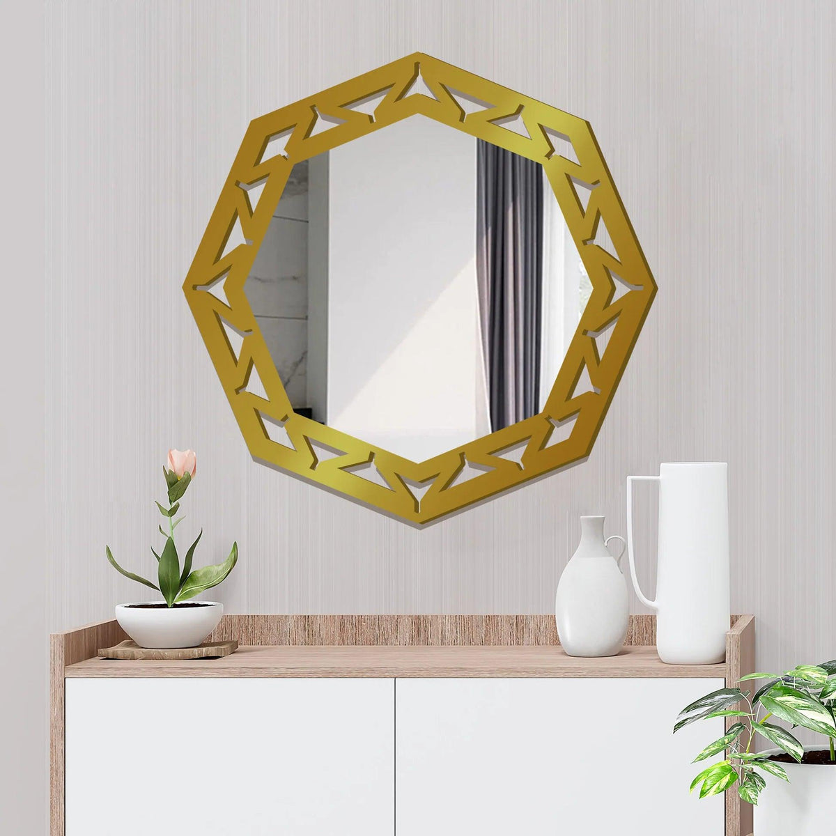 Hexagonal Shape Modern Decorative Wooden Wall Mirror With Gold Texture - Decor Mantra 