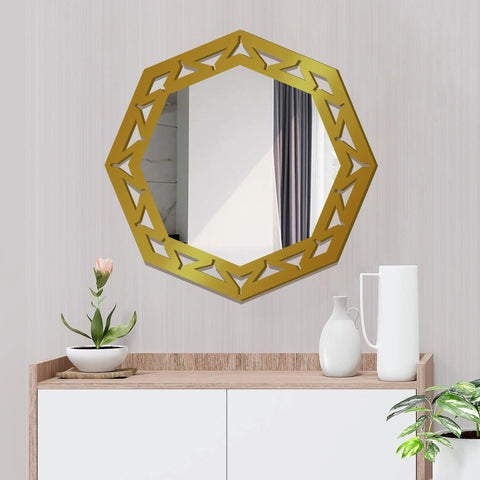 Hexagonal Shape Modern Decorative Wooden Wall Mirror With Gold Texture - Decor Mantra 