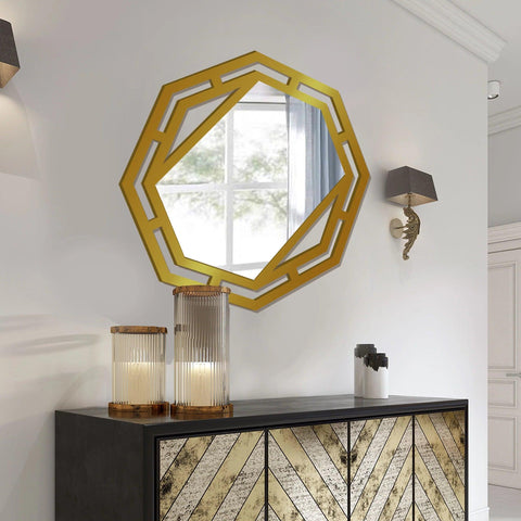 Hexagonal Shape Modern Stylish Decorative Wooden Wall Mirror With Gold Texture - Decor Mantra 