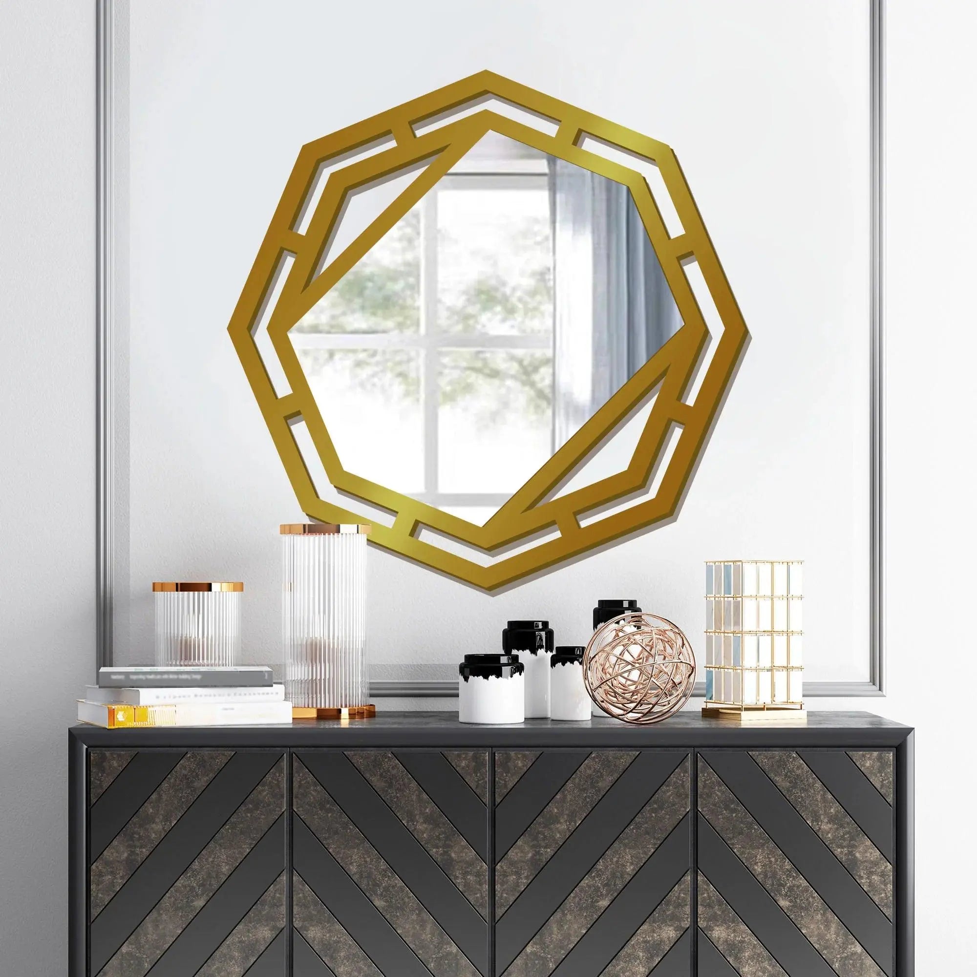Hexagonal Shape Modern Stylish Decorative Wooden Wall Mirror With Gold Texture - Decor Mantra 