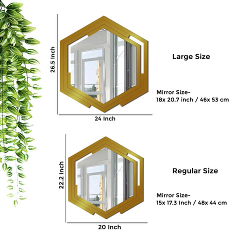 Hexagonal Shape Unique Design Wooden Wall Mirror With Gold Texture - Decor Mantra 