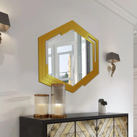Hexagonal Shape Unique Design Wooden Wall Mirror With Gold Texture - Decor Mantra 