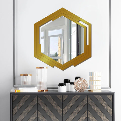 Hexagonal Shape Unique Design Wooden Wall Mirror With Gold Texture - Decor Mantra 