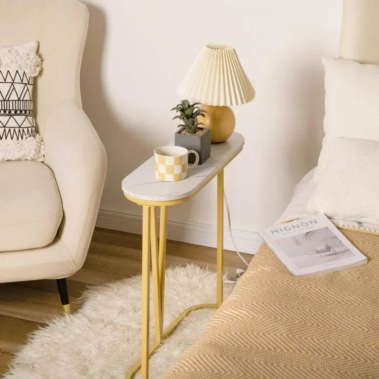 Hollow Bottom Faux Marble Narrow End Side Table - Decor Mantra 