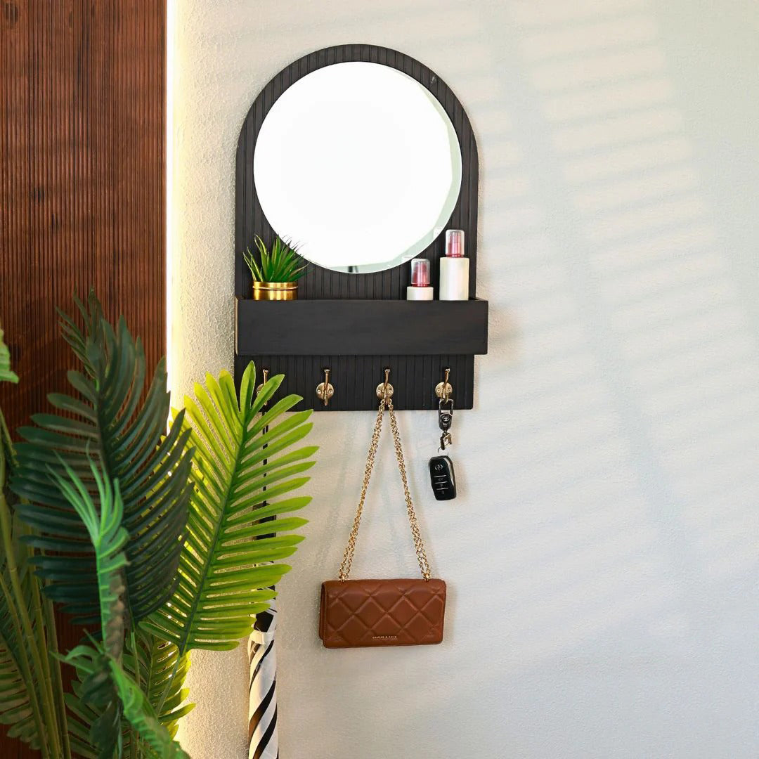 Entryway Organiser with Round Mirror with Dual Hooks & Shelf HARSHITA CRAFT