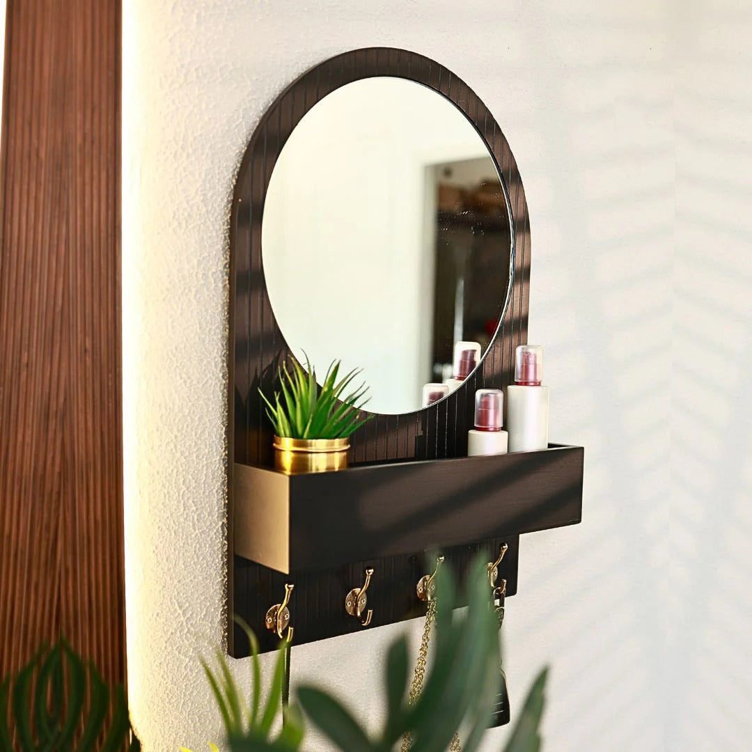 Entryway Organiser with Round Mirror with Dual Hooks & Shelf HARSHITA CRAFT