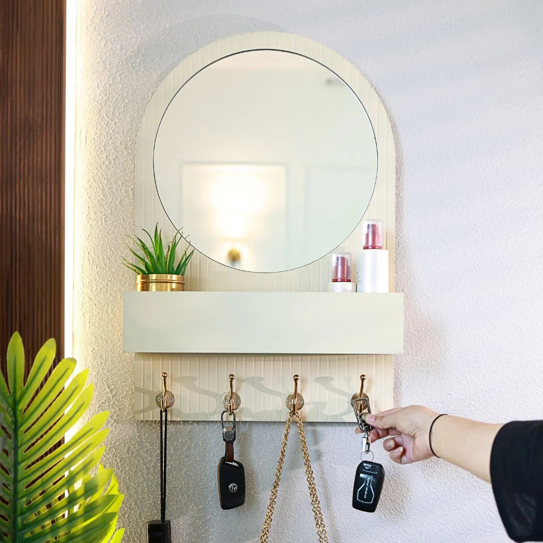 Entryway Organiser with Round Mirror with Dual Hooks & Shelf HARSHITA CRAFT