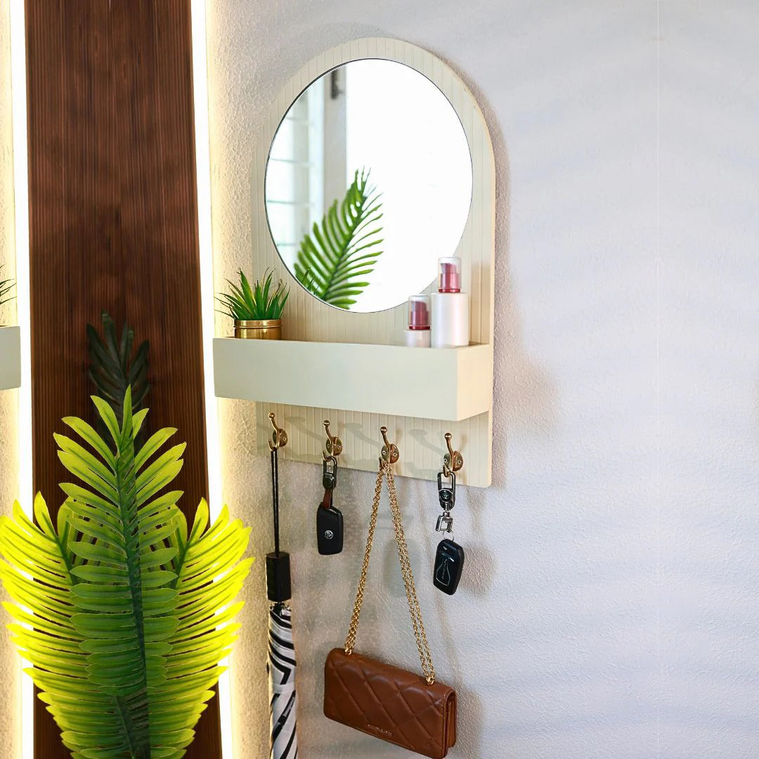 Entryway Organiser with Round Mirror with Dual Hooks & Shelf HARSHITA CRAFT