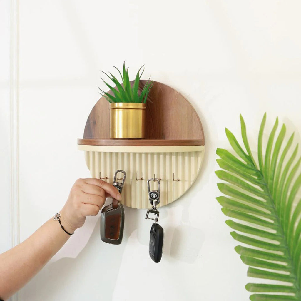 Modern Round Wooden Key Holder with Shelf | Walnut Finish HARSHITA CRAFT