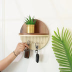 Modern Round Wooden Key Holder with Shelf | Walnut Finish HARSHITA CRAFT