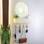 Entryway Organiser with Round Mirror with Dual Hooks & Shelf – Stylish Storage for a Beautiful Entrance HARSHITA CRAFT