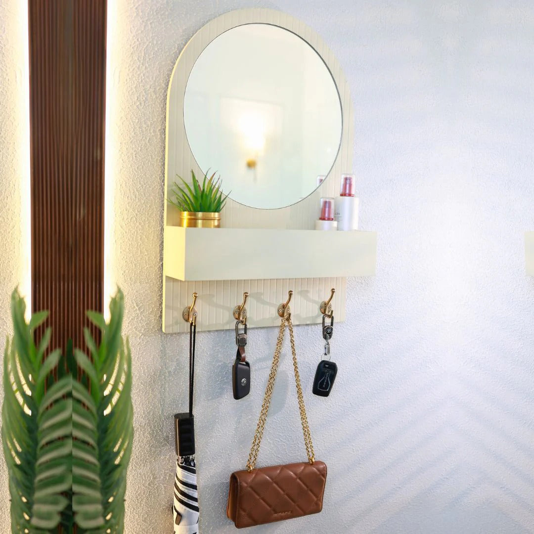 Entryway Organiser with Round Mirror with Dual Hooks & Shelf HARSHITA CRAFT