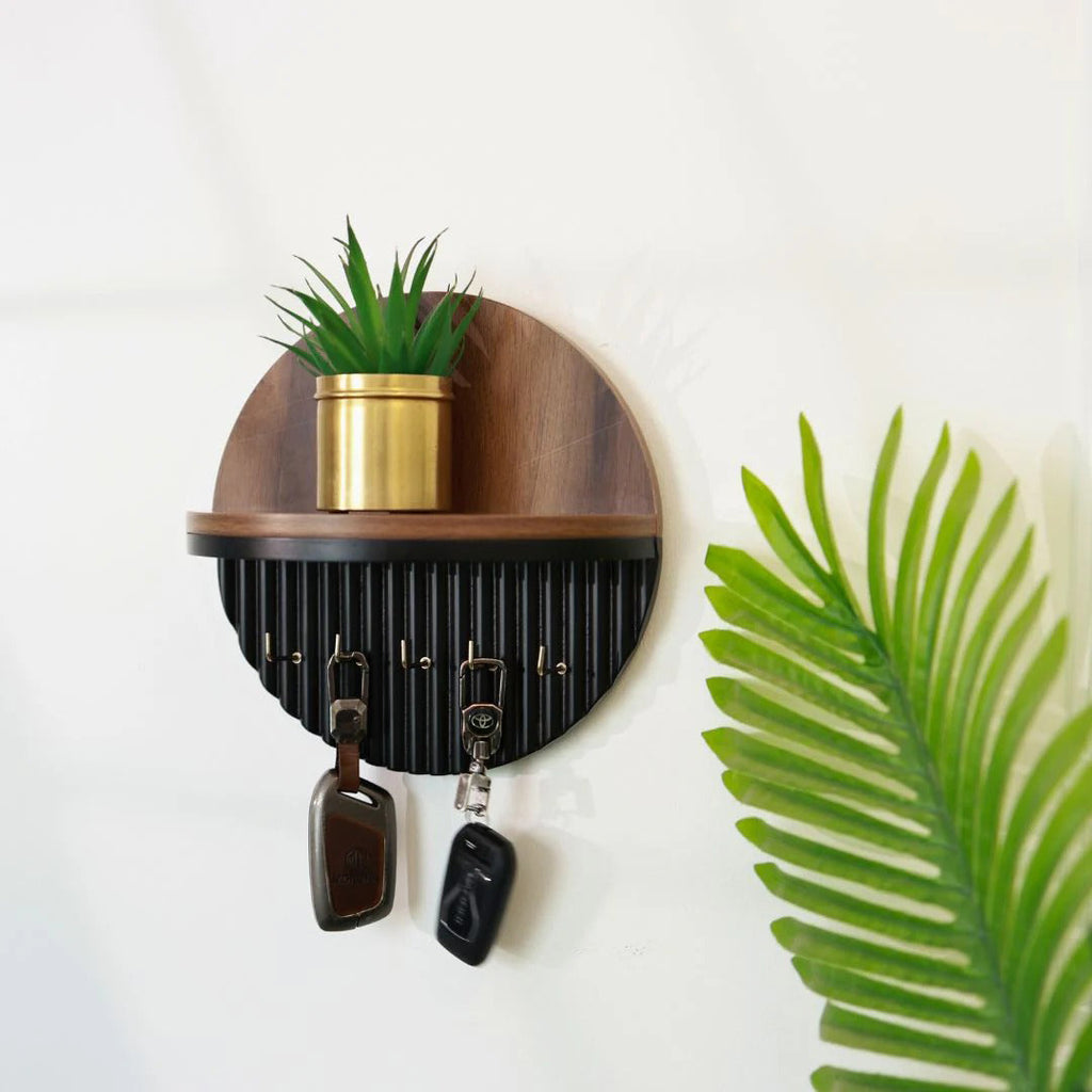 Modern Round Wooden Key Holder with Shelf | Walnut Finish HARSHITA CRAFT
