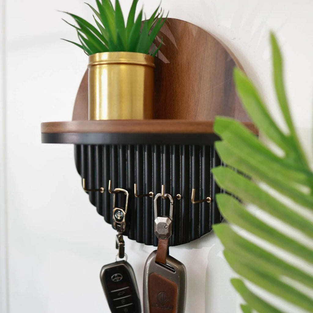 Modern Round Wooden Key Holder with Shelf | Walnut Finish HARSHITA CRAFT