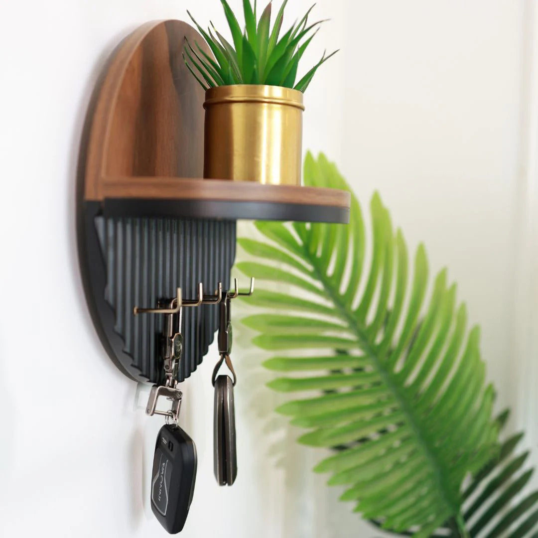 Modern Round Wooden Key Holder with Shelf | Walnut Finish HARSHITA CRAFT
