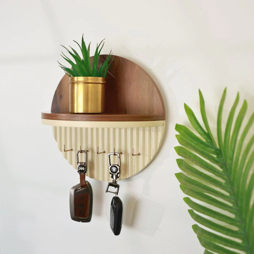 Modern Round Wooden Key Holder with Shelf | Walnut Finish HARSHITA CRAFT
