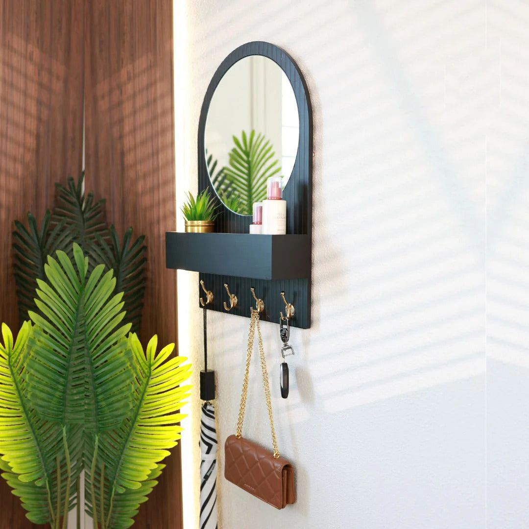 Entryway Organiser with Round Mirror with Dual Hooks & Shelf HARSHITA CRAFT
