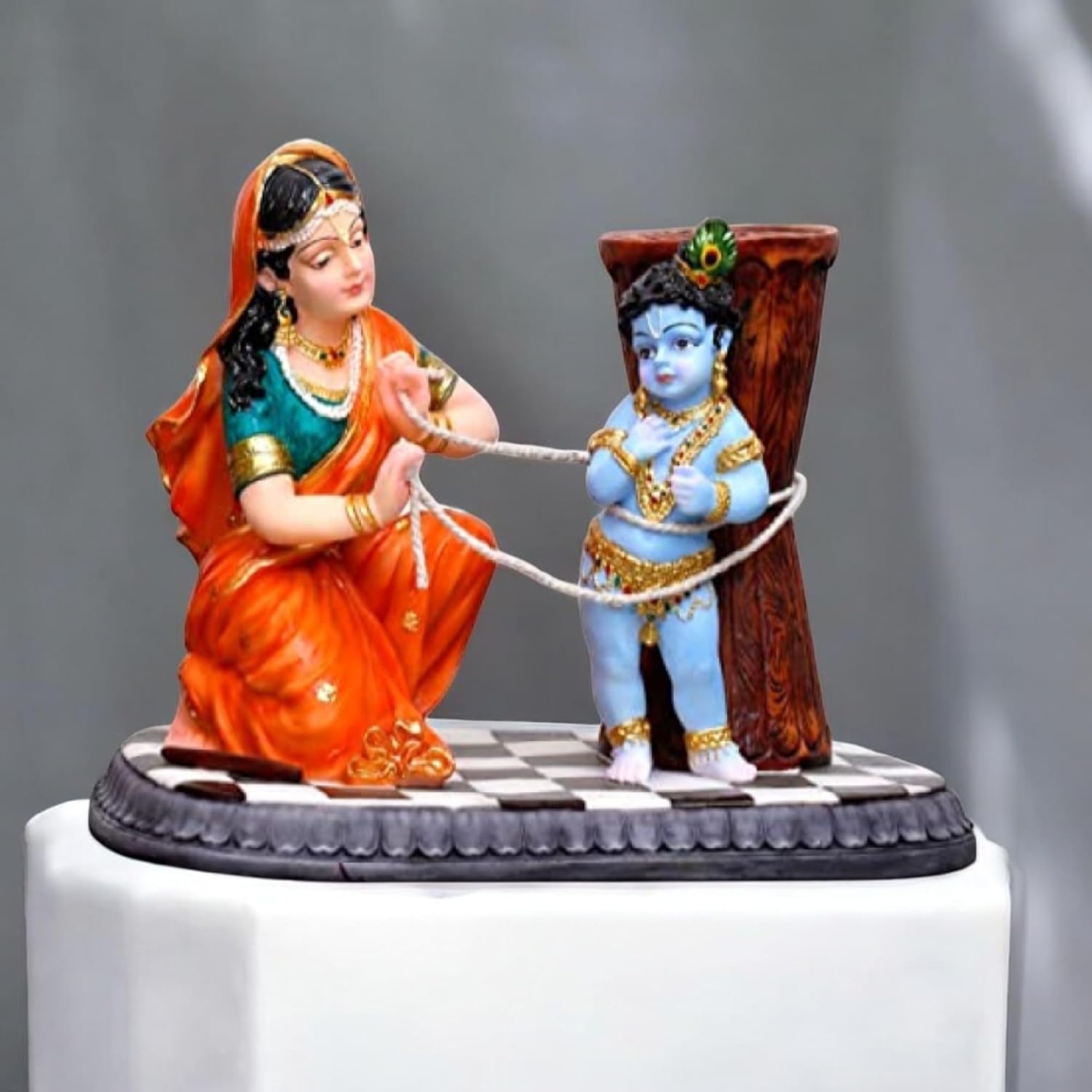 Yashoda Maa Binding Little Krishna Idol – Damodar Leela Religious Idol Showpiece for Home Temple Decor & Car Dashboard - Harshita Craft