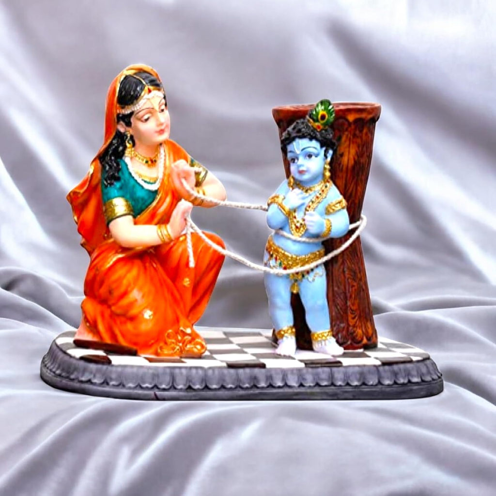 Yashoda Maa Binding Little Krishna Idol – Damodar Leela Religious Idol Showpiece for Home Temple Decor & Car Dashboard - Harshita Craft
