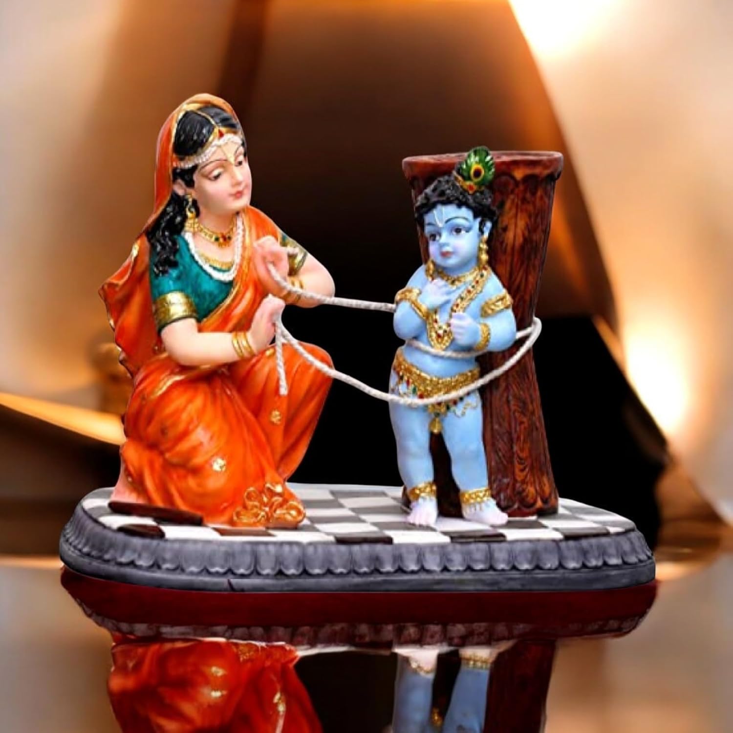 Yashoda Maa Binding Little Krishna Idol – Damodar Leela Religious Idol Showpiece for Home Temple Decor & Car Dashboard - Harshita Craft