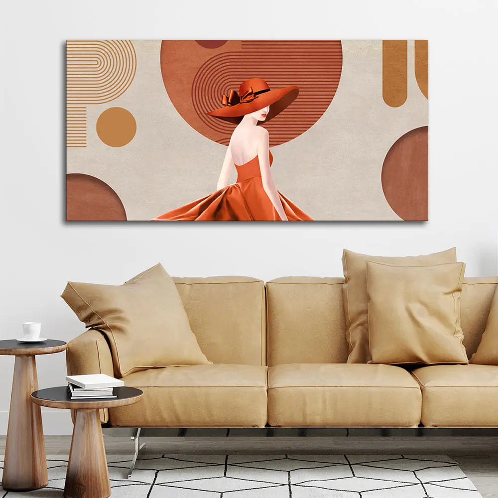 Lady Wearing Orange Hat and Dress Premium Wall Painting Decor Mantra