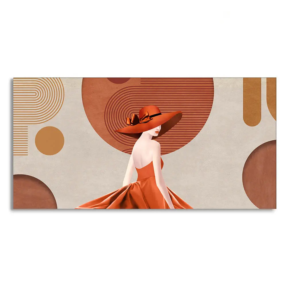 Lady Wearing Orange Hat and Dress Premium Wall Painting Decor Mantra