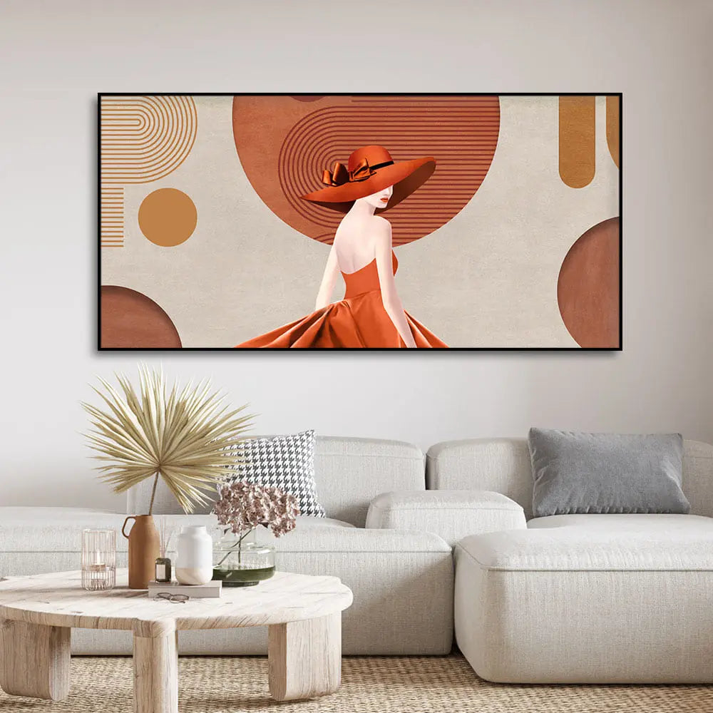 Lady Wearing Orange Hat and Dress Premium Wall Painting Decor Mantra